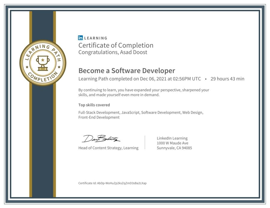 Asad Doost - Software Developer Certificate